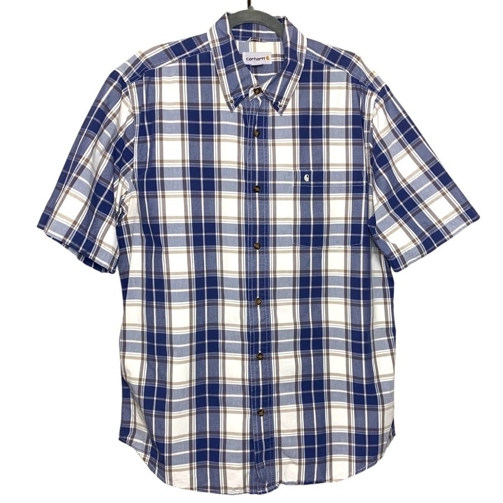 Carhartt Blue Plaid Casual Button Down Shirt Short Sleeve Sz L Relaxed Fit